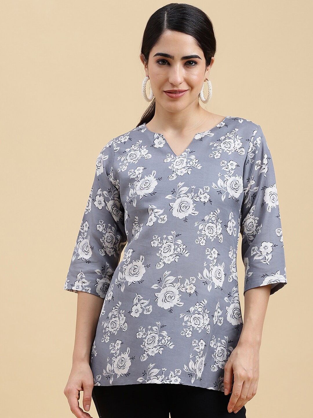 

J Turritopsis Floral Printed Straight Kurti, Grey