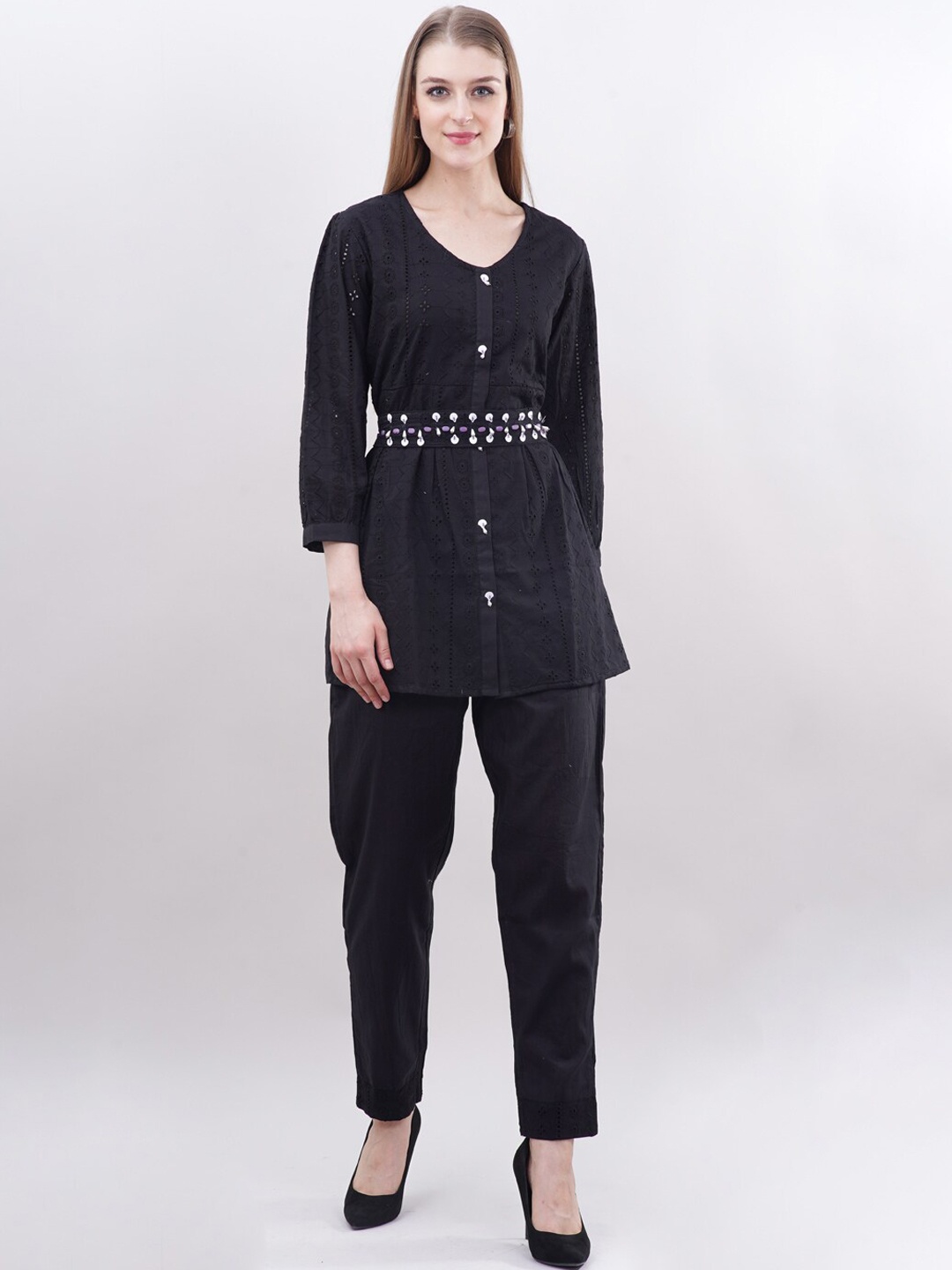 

Ashnaina Self Design V-Neck Pure Cotton Tunic With Trouser, Black