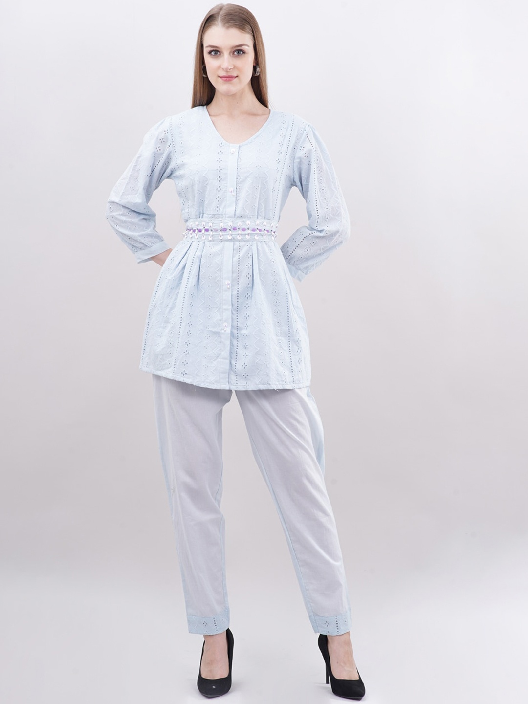 

Ashnaina Self Design V-Neck Pure Cotton Tunic With Trouser, Blue