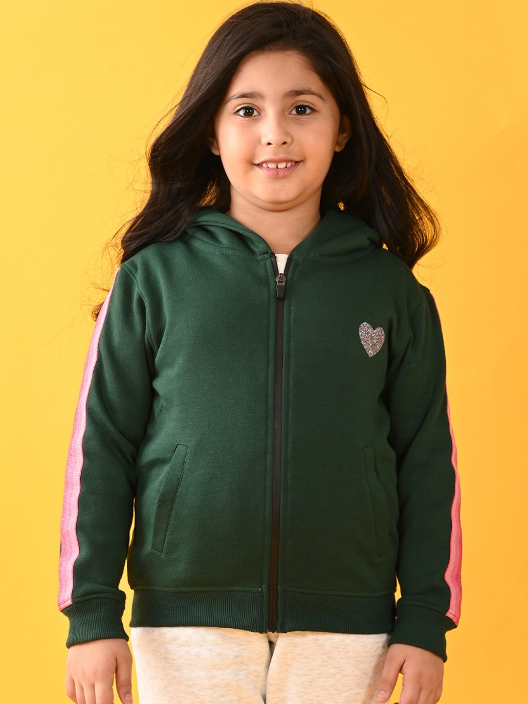 

Anthrilo Girls Embellished Hooded Fleece Front-Open Sweatshirt, Green