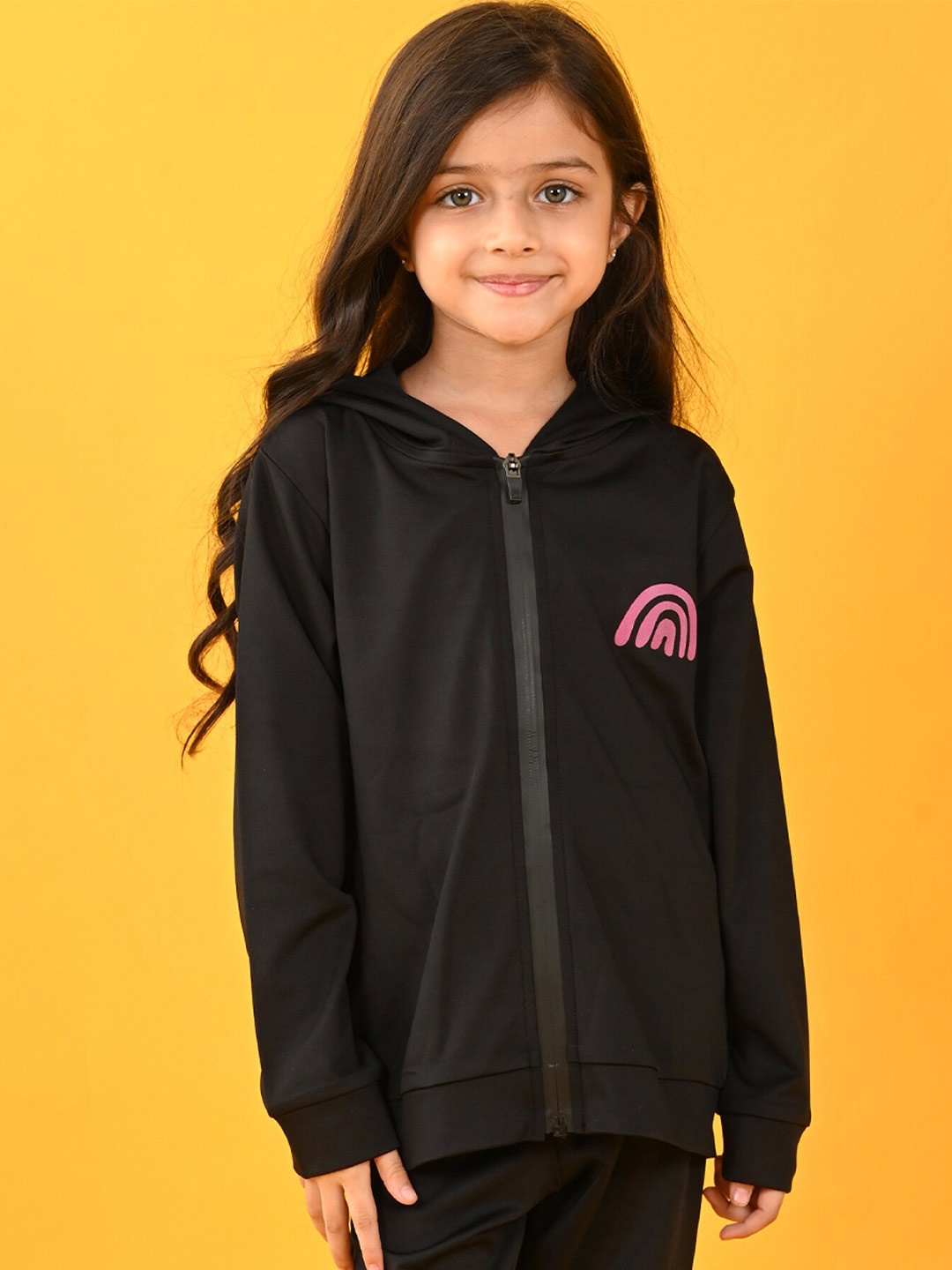 

Anthrilo Girls Geometric Printed Hooded Fleece Front-Open Sweatshirt, Black