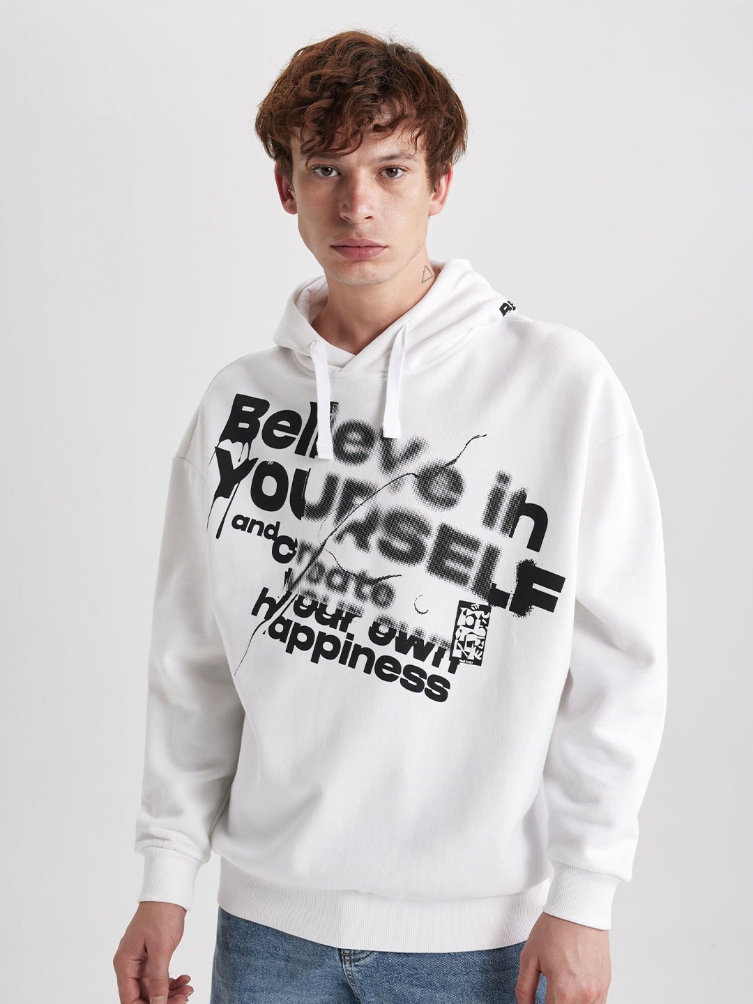 

DeFacto Typography Printed Ribbed Hooded Pullover Sweatshirt, White