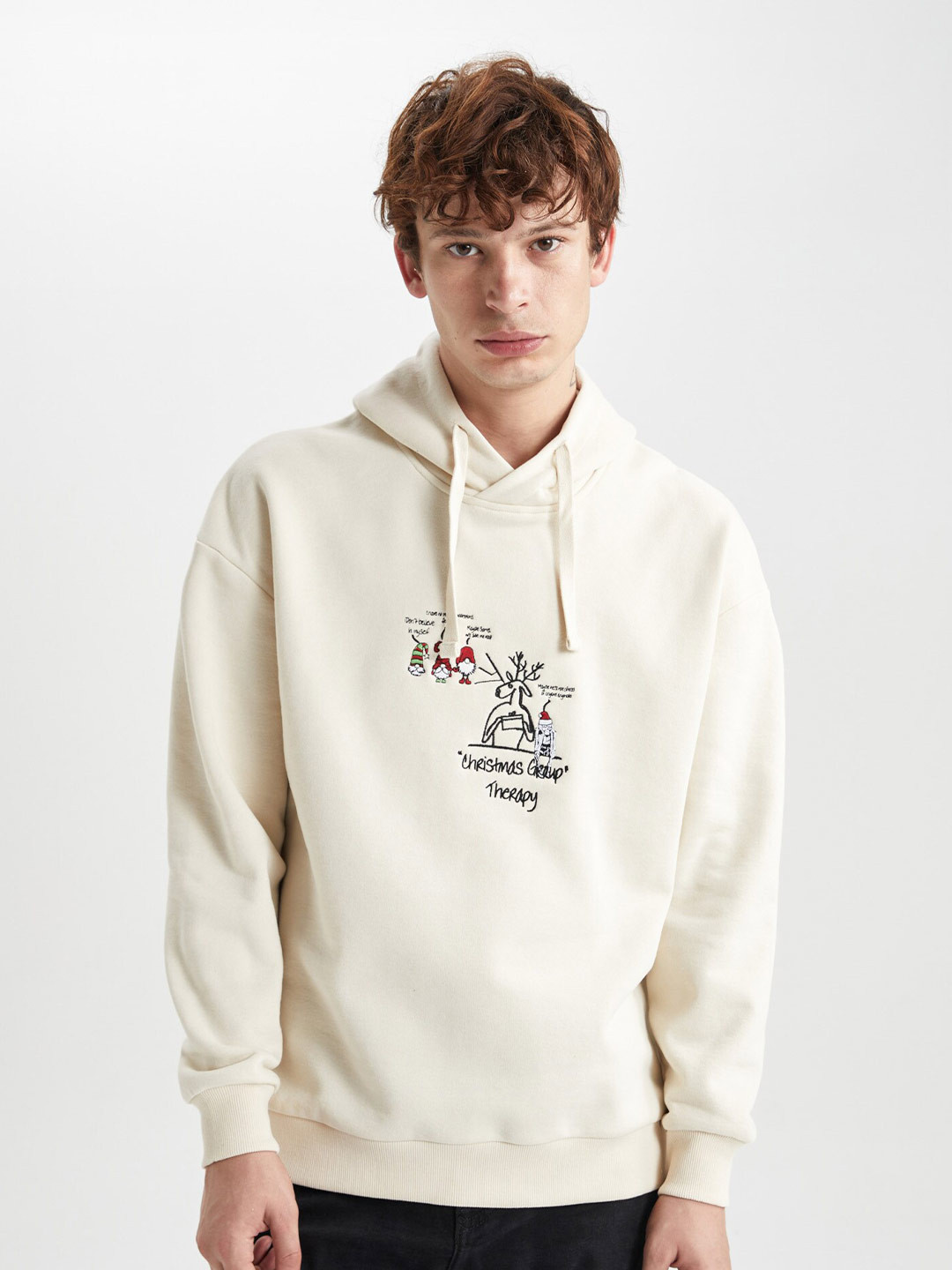 

DeFacto Graphic Embroidered Ribbed Hooded Pullover Sweatshirt, Off white