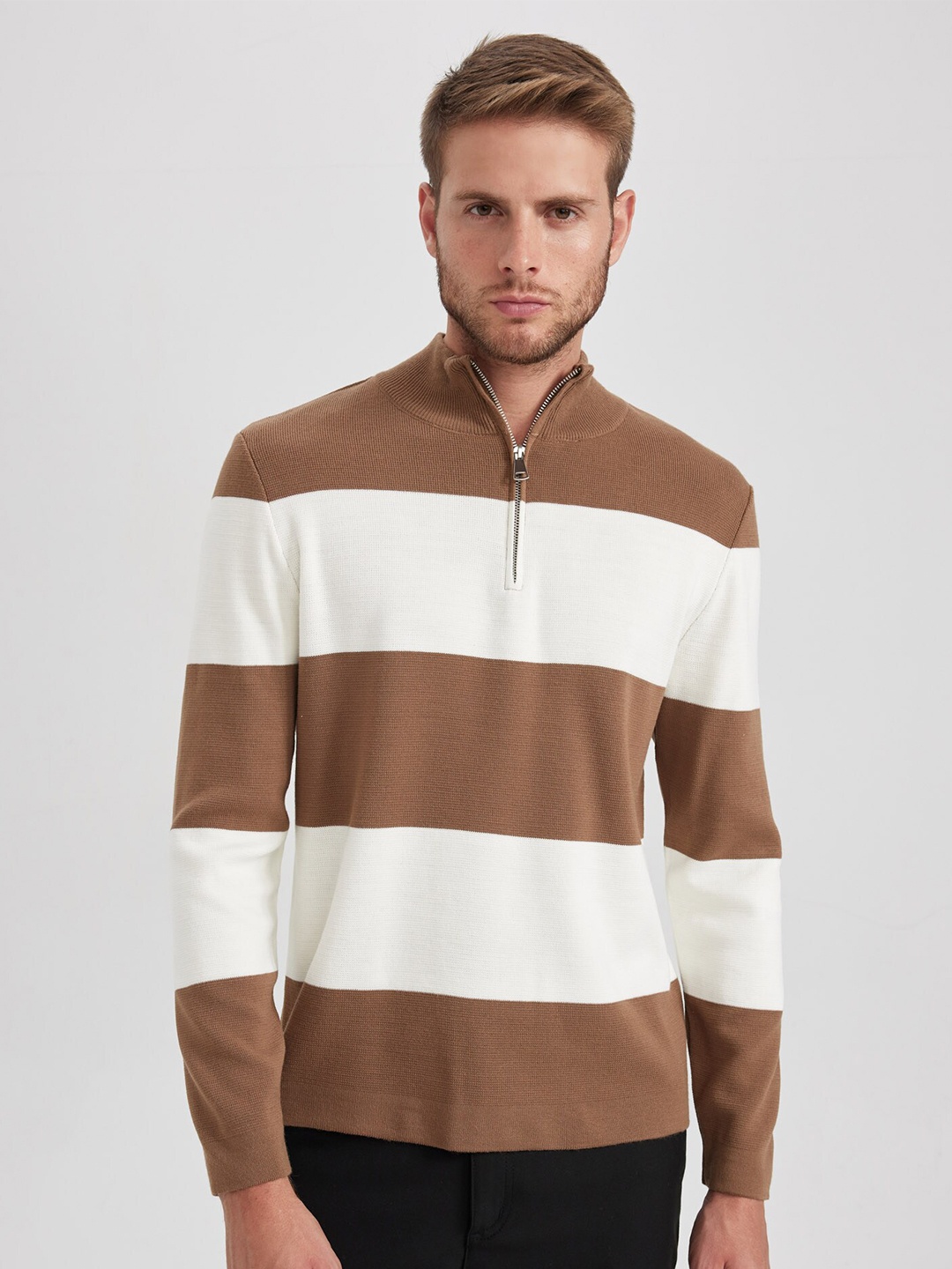 

DeFacto Striped Mock Collar Half Zipper Acrylic Pullover Sweater, White