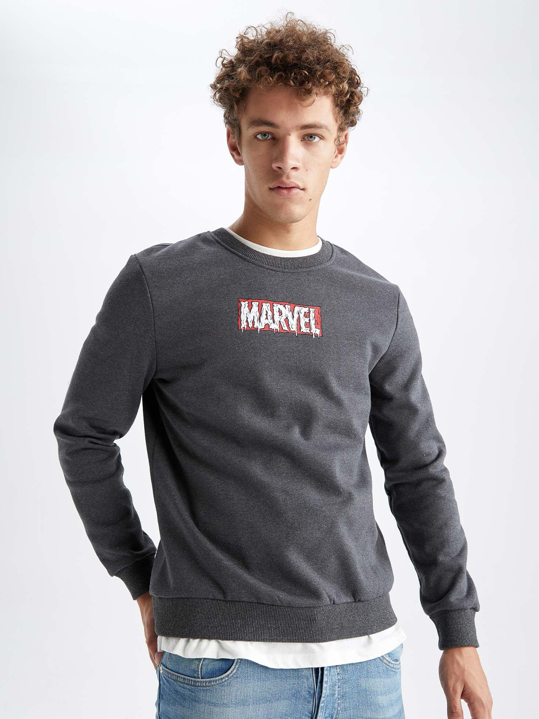 

DeFacto Marvel Typography Printed Ribbed Pure Cotton Pullover Sweatshirt, Grey