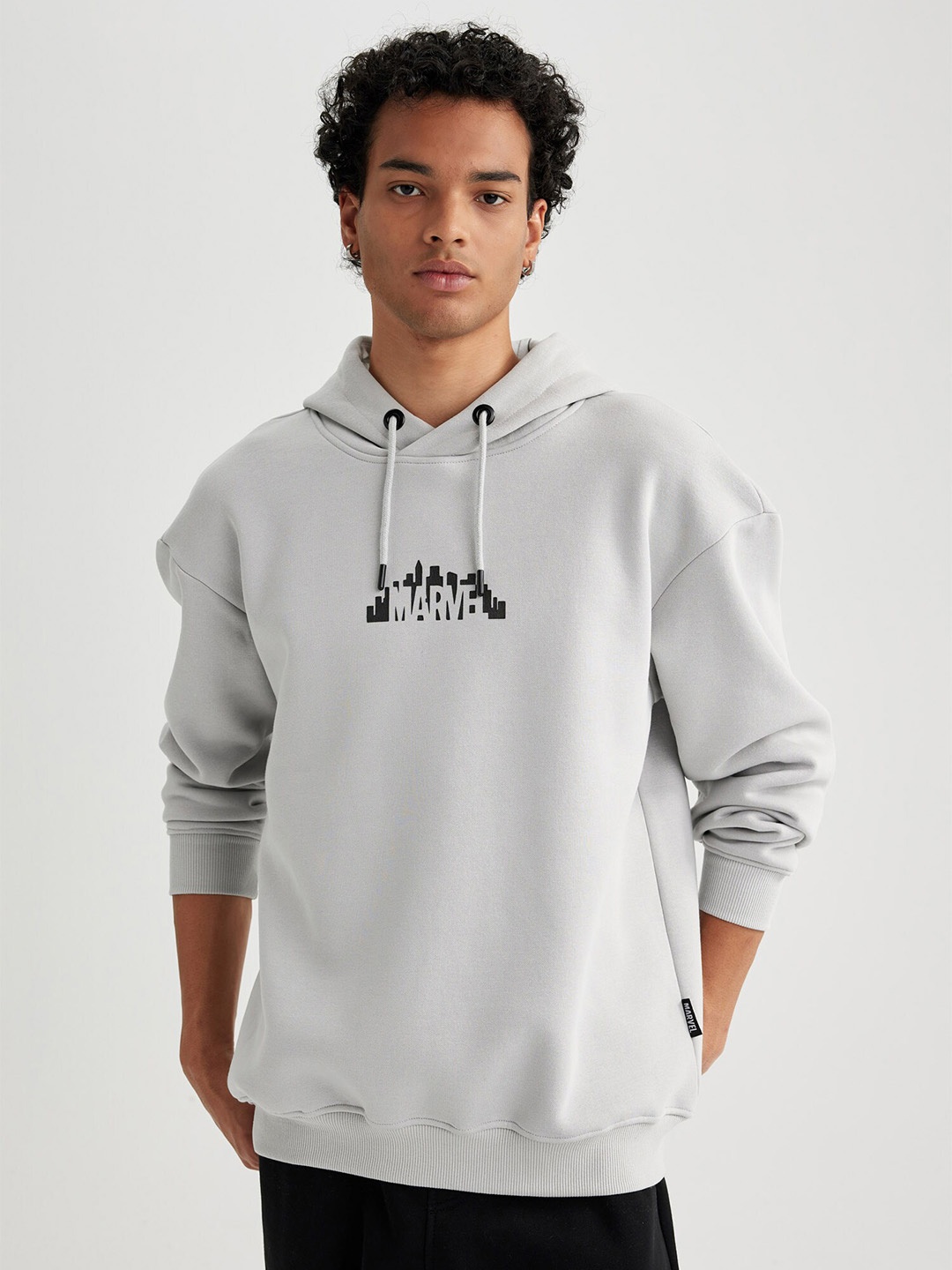 

DeFacto Typography Printed Ribbed Hooded Pullover Sweatshirt, Grey