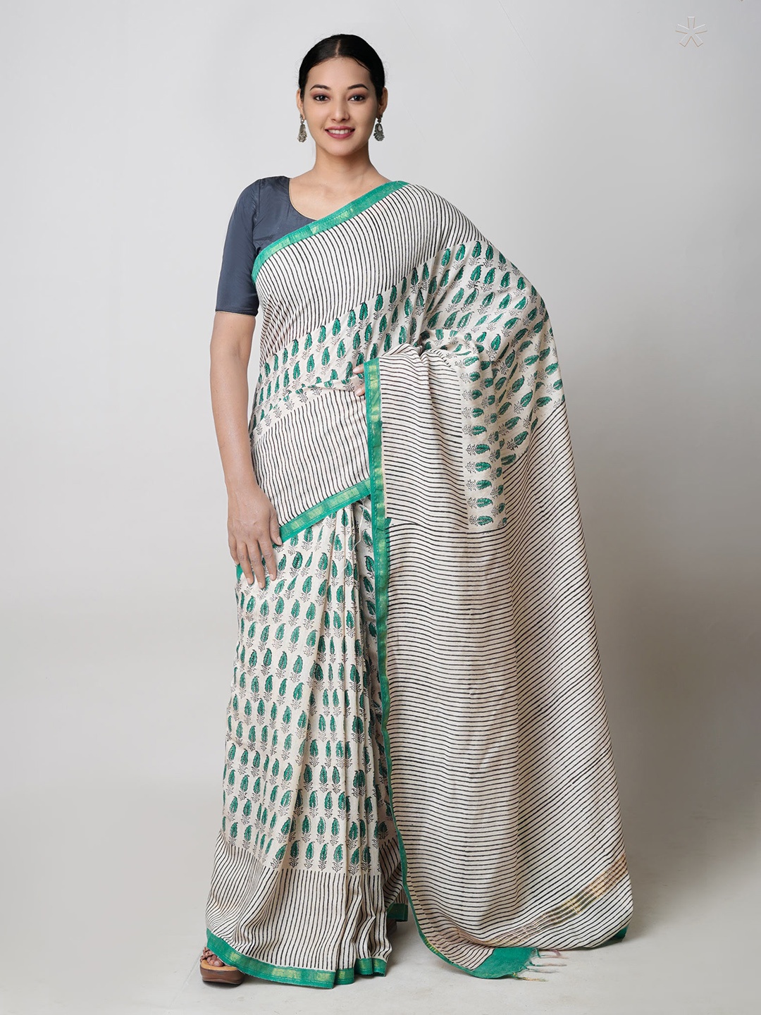 

Unnati Silks Ethnic Motifs Printed Pure Cotton Bagru Saree, Beige
