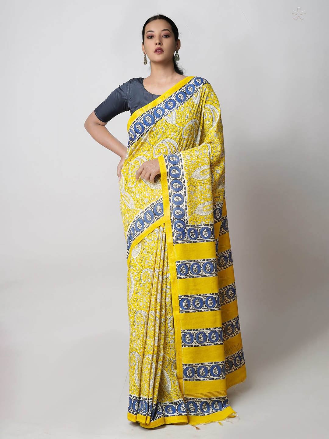 

Unnati Silks Ethnic Motifs Printed Pure Cotton Bagru Saree, Yellow