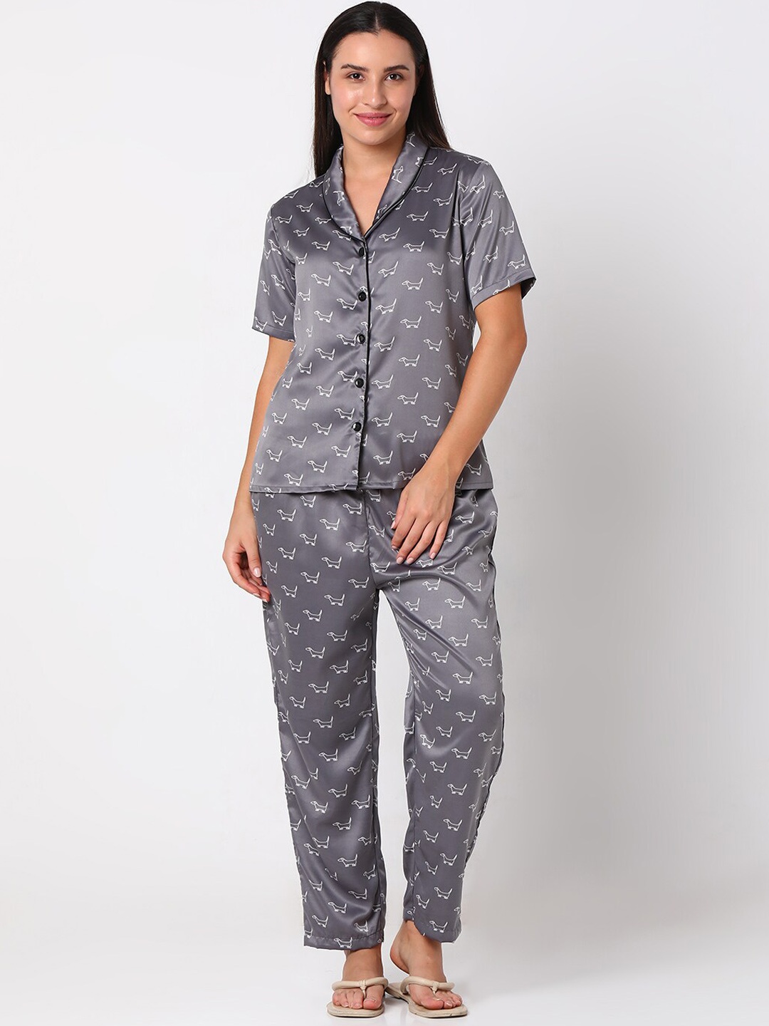 

Smarty Pants Graphic Printed Satin Night suit, Grey