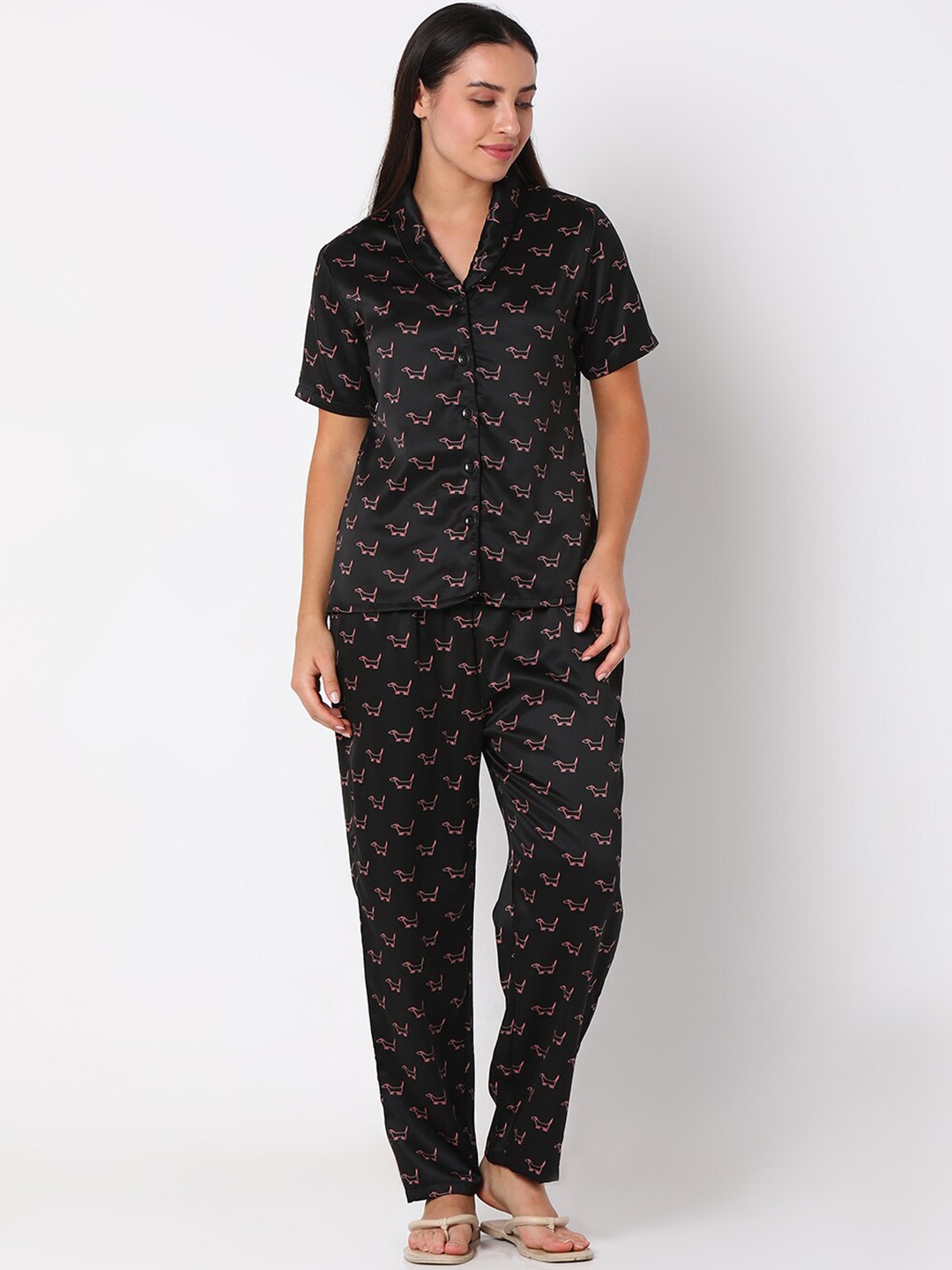 

Smarty Pants Printed Satin Shirt And Pyjamas Night Suit, Black