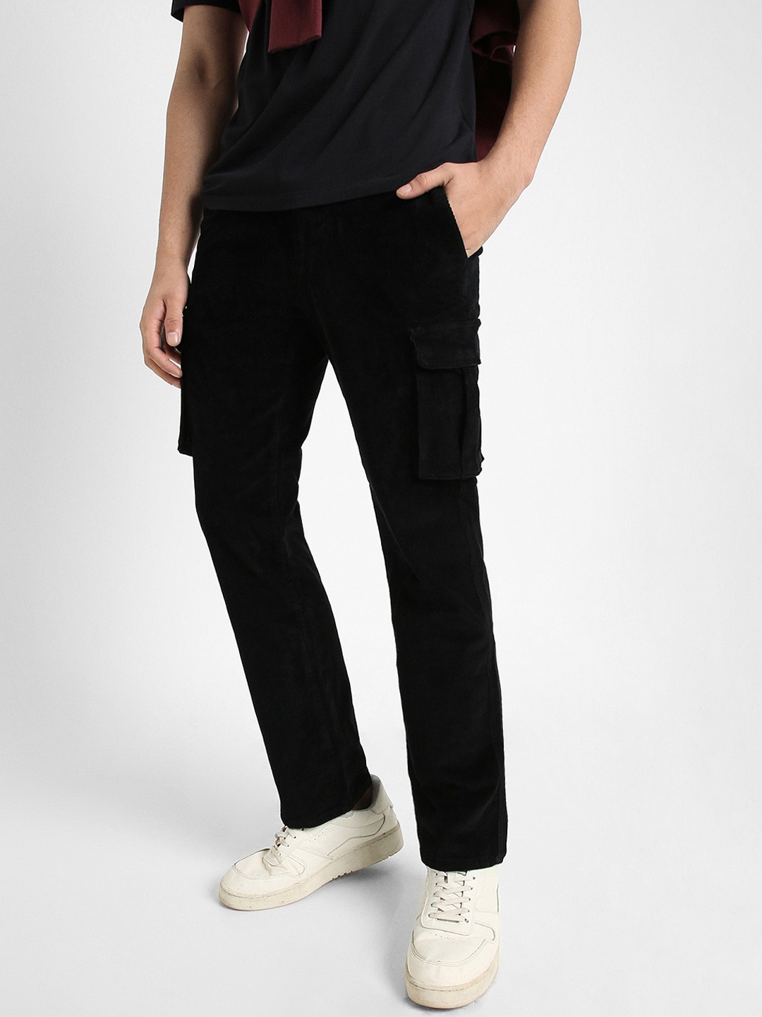 

Dennis Lingo Men Straight Fit Corduroy Pure Cotton Cargos Trousers, Black