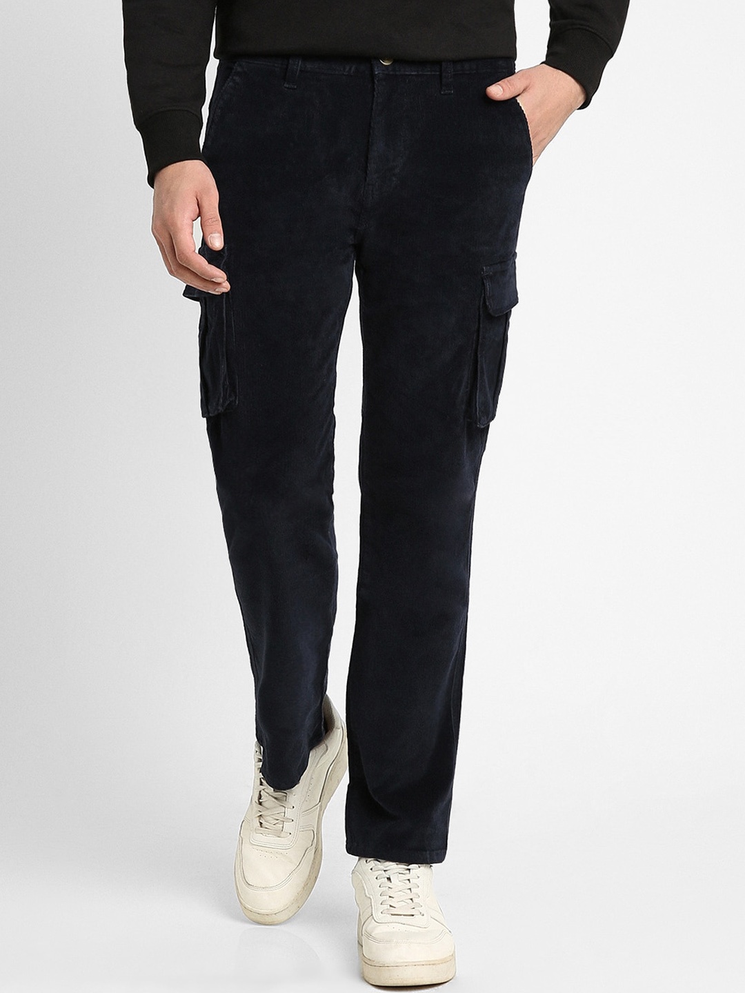 

Dennis Lingo Men Straight Fit Corduroy Pure Cotton Cargos Trousers, Navy blue