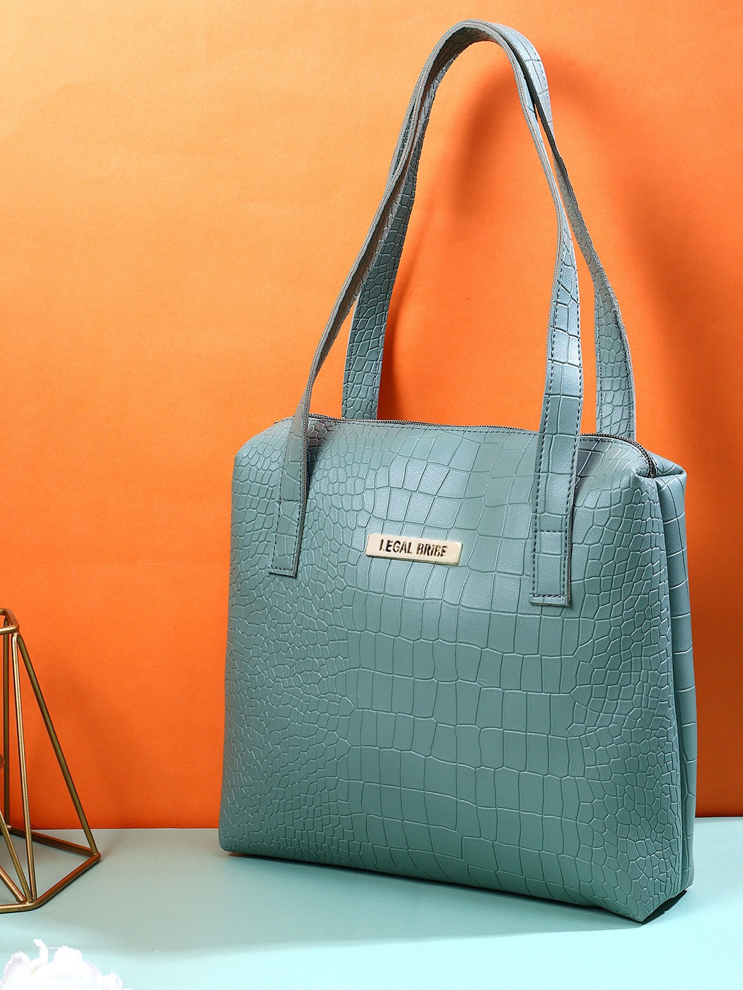 LEGAL BRIBE Textured Oversized Structured Shoulder Bag, Green