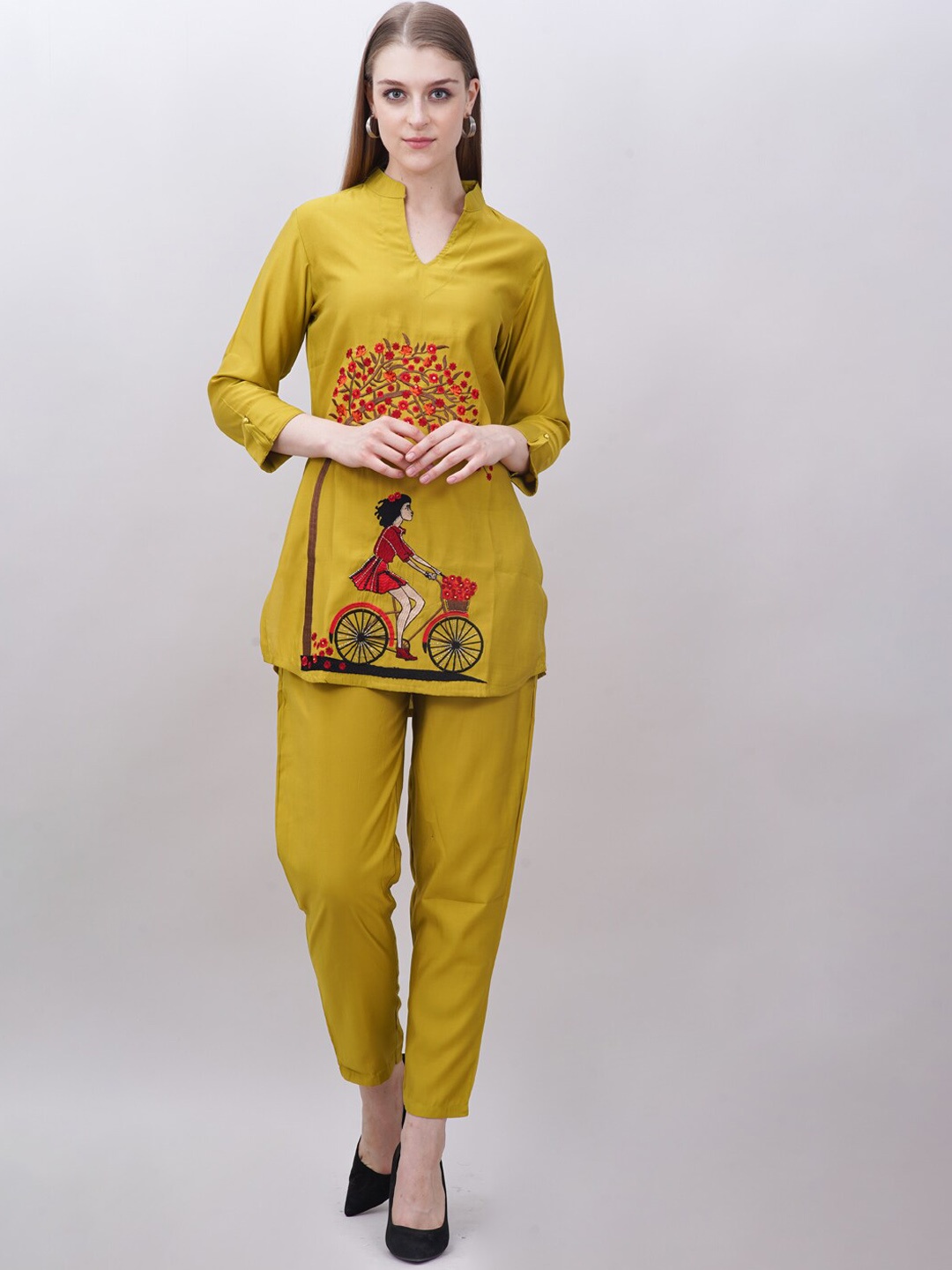 

Ashnaina Conversational Embroidered V-Neck Tunic Top & Pants Co-Ords, Lime green