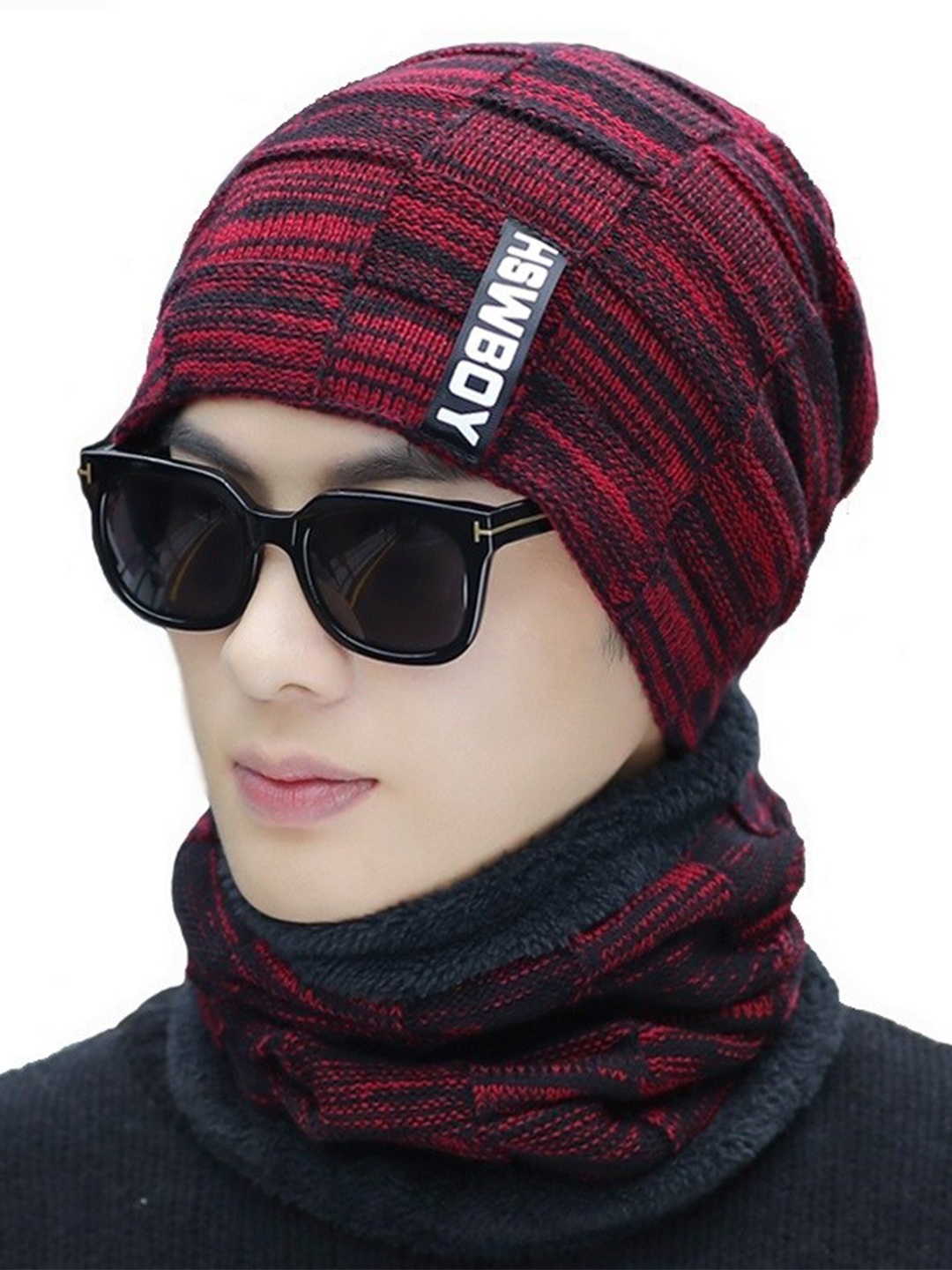 

Alexvyan Men Self Design Acrylic Beanie Cap With Scarf, Red
