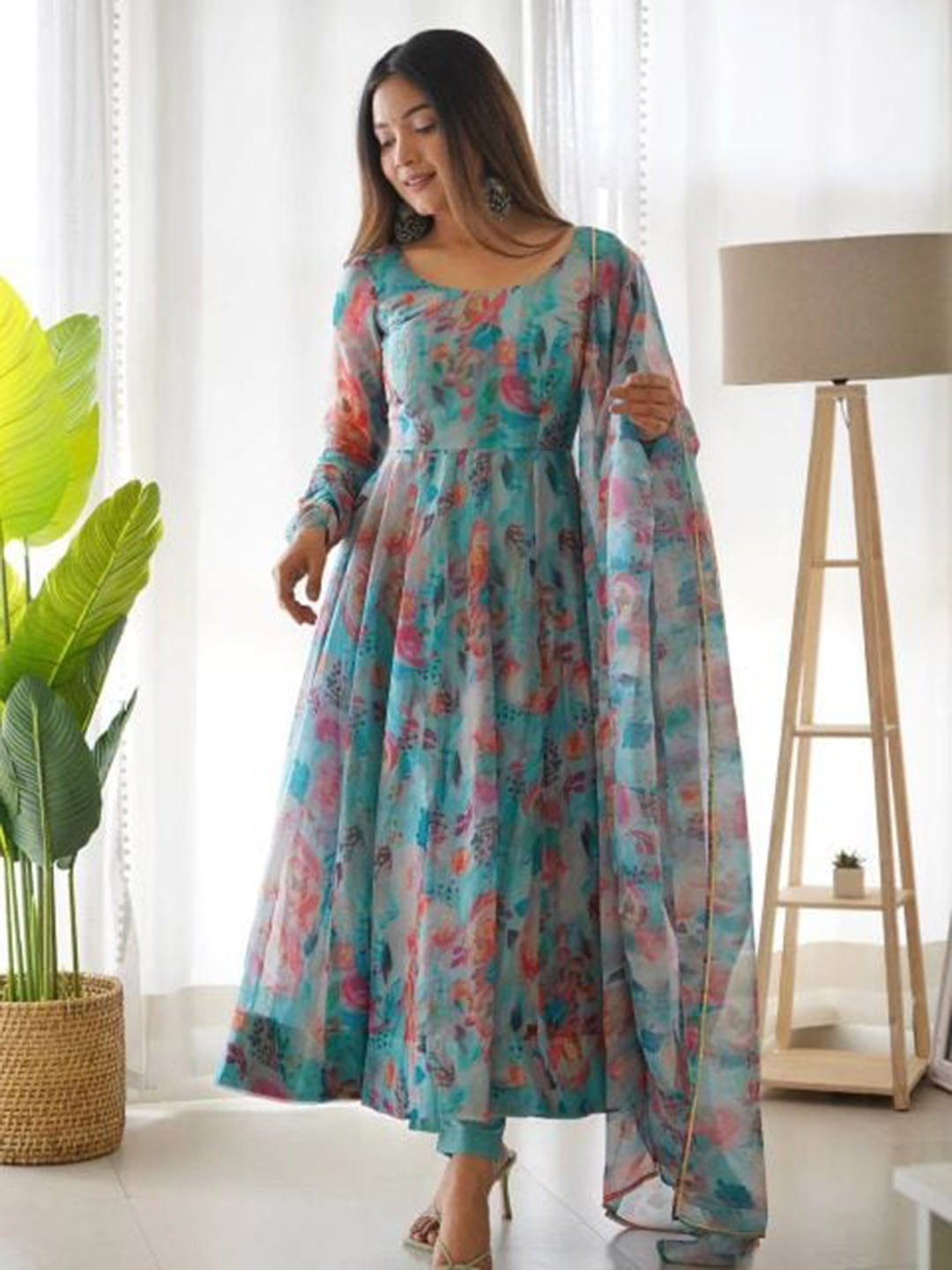 

BAESD Floral Printed Anarkali Kurta with Trousers & Dupatta, Turquoise blue