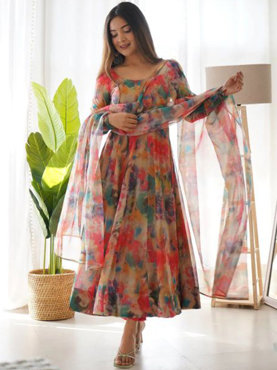 

BAESD Printed Empire Anarkali Organza Kurta With Trousers & Dupatta, Peach