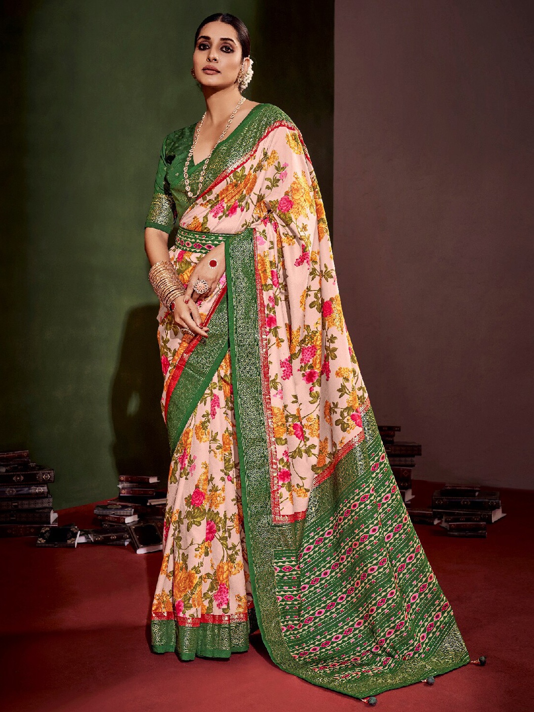

Mitera Floral Printed Zari Silk Cotton Ikat Saree, Rose gold