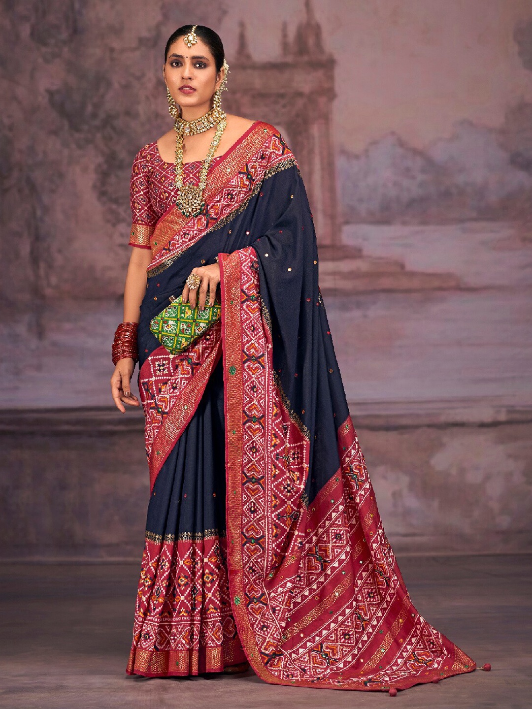 

Mitera Mirror Work Embellished Silk Cotton Patola Saree, Grey melange
