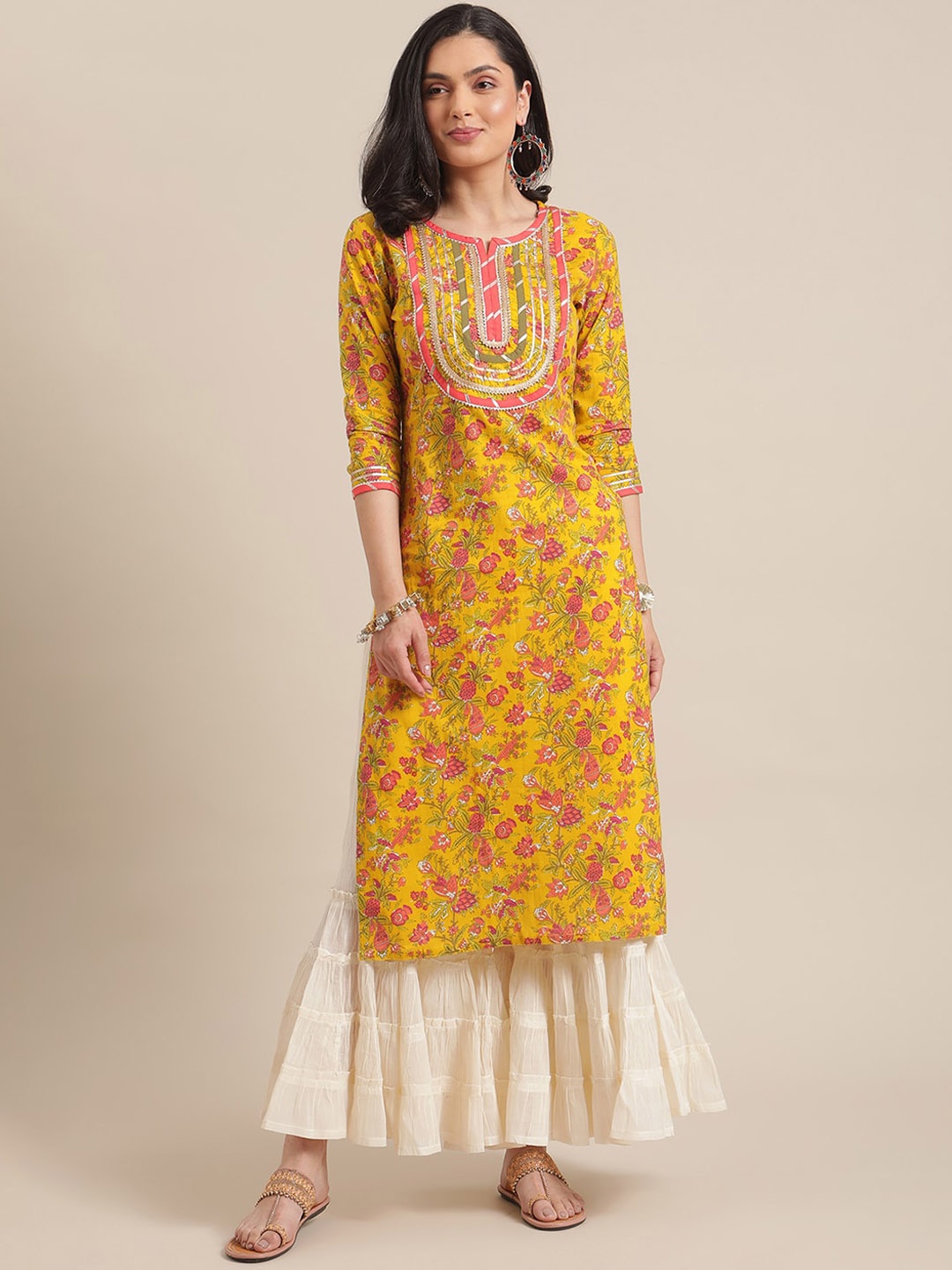 

KALINI Floral Printed Round Neck Cotton Gotta Patti Kurta, Yellow