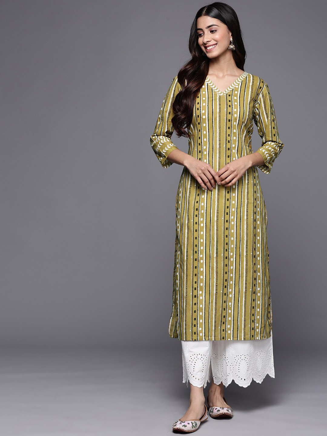 

KALINI Striped Pure Cotton Straight Kurta, Olive