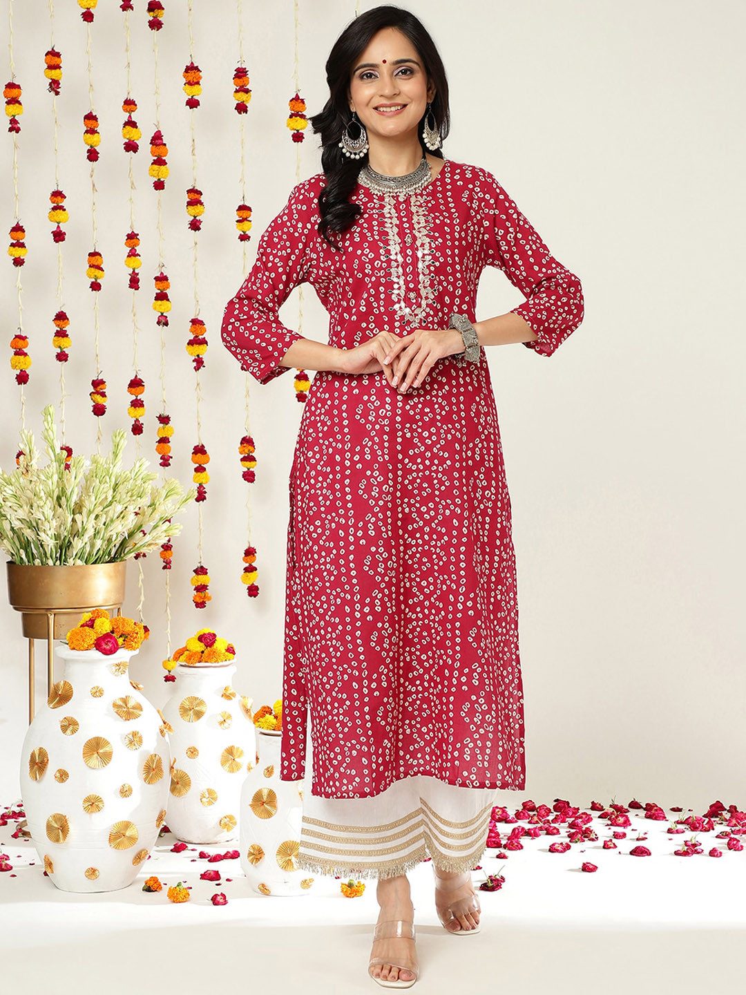 

KALINI Bandhani Printed Cotton Straight Kurta, Red