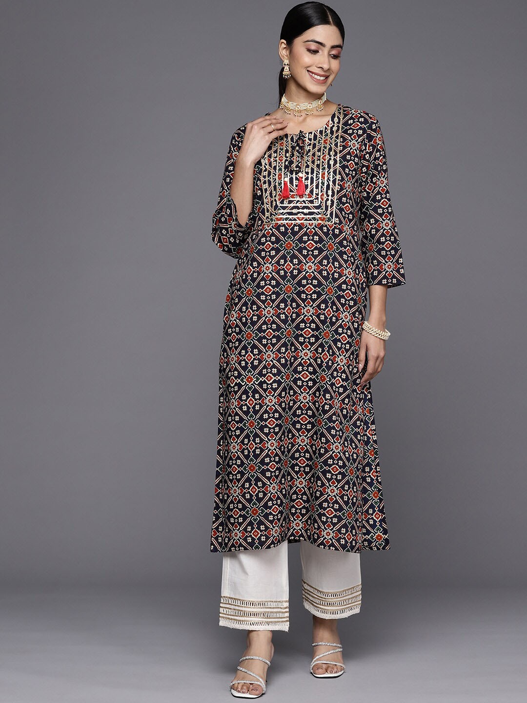 KALINI Ethnic Motifs Printed Keyhole Neck Straight Kurta, Blue