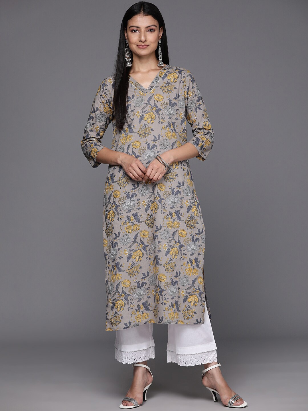 

KALINI Floral Printed V-Neck Cotton Kurta, Grey