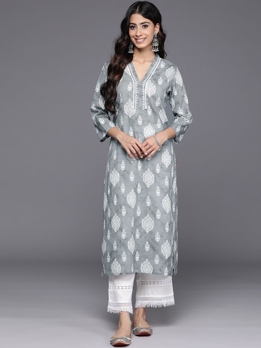 

KALINI Ethnic Motifs Printed Pure Cotton Straight Kurta, Grey