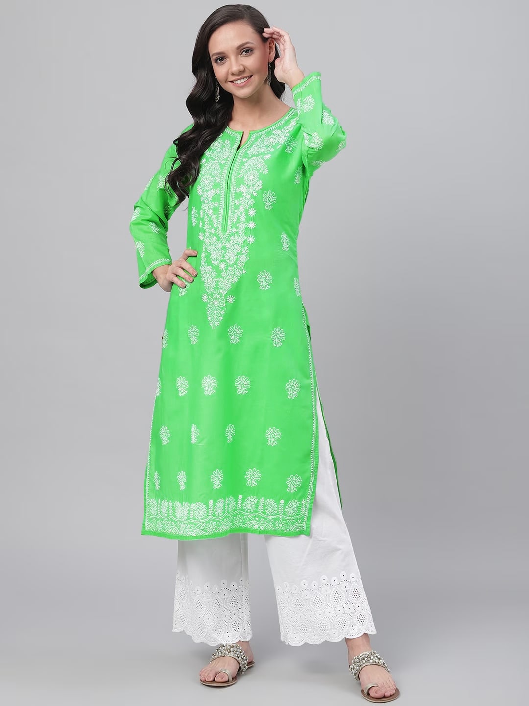 

ADA Ethnic Motifs Embroidered Lucknowi Chikankari Cotton Straight Kurta, Green