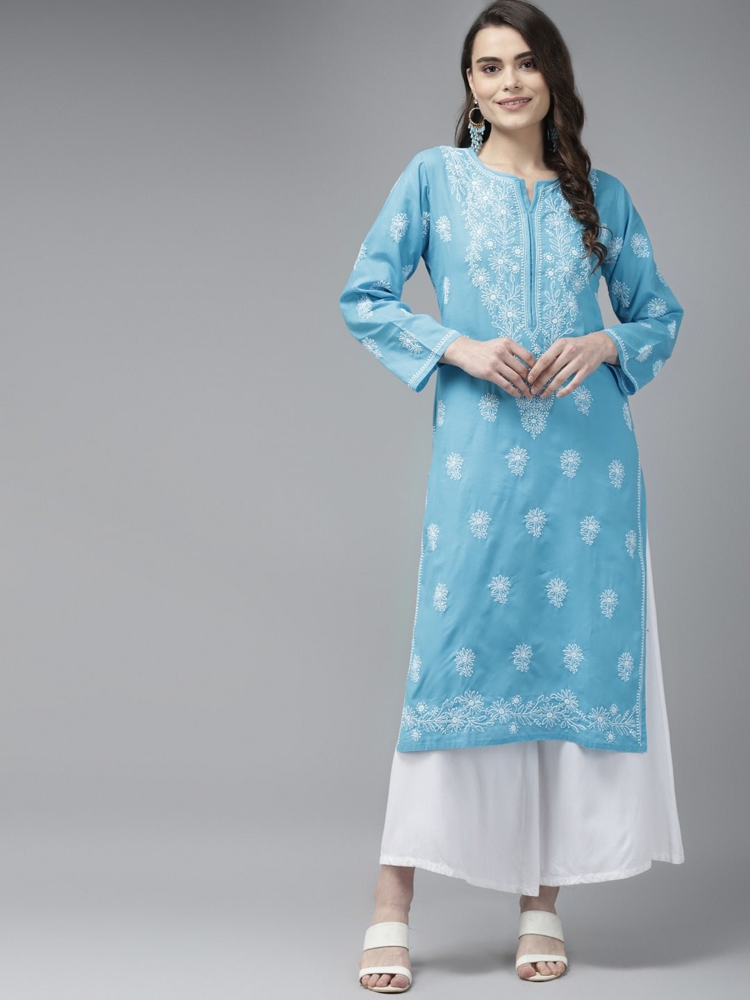 

ADA Ethnic Motifs Lucknow Chikankari Embroidered Straight Cotton Kurta, Blue