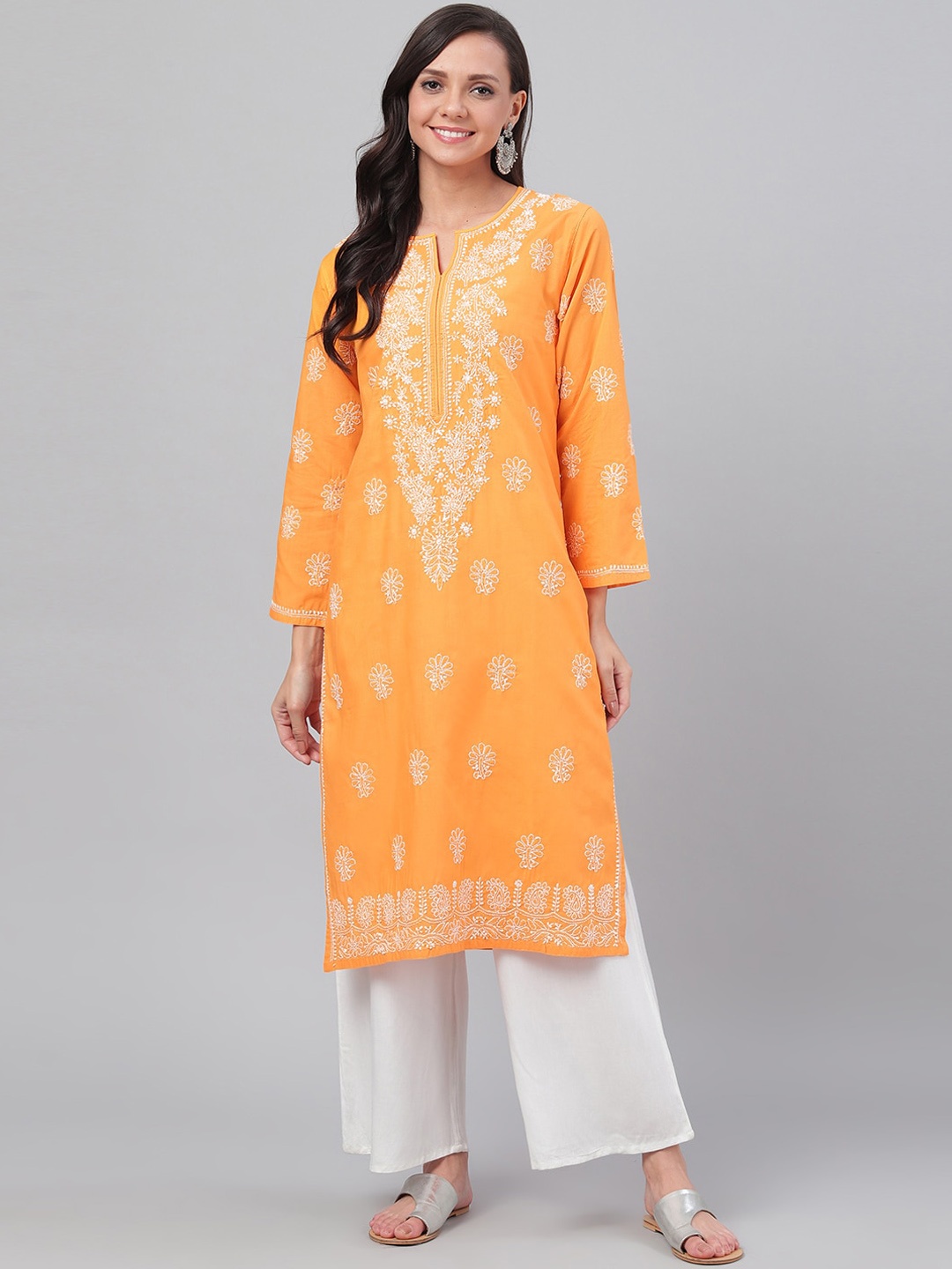 

ADA Ethnic Motifs Embroidered Lucknowi Chikankari Kurta, Orange