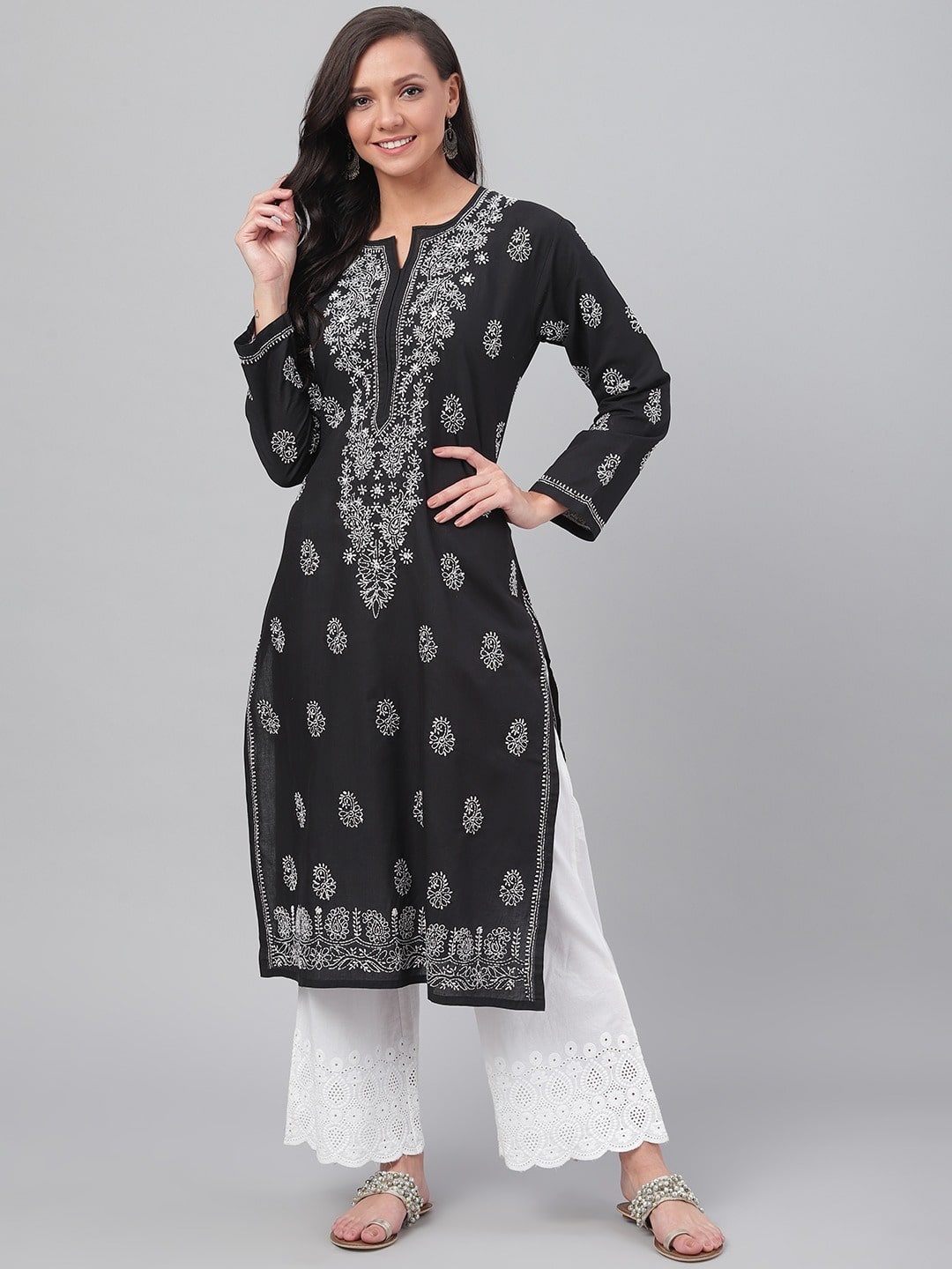 

ADA Ethnic Motifs Lucknow Chikankari Embroidered Straight Cotton Kurta, Black
