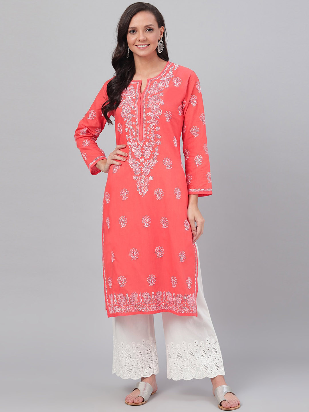 

ADA Floral Embroidered Lucknowi Chikankari Straight Kurta, Coral