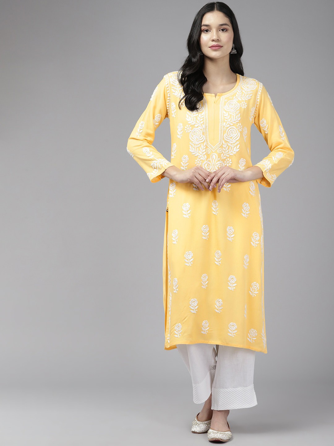 

ADA Floral Embroidered Lucknowi Chikankari Cotton Silk Straight Kurta, Yellow