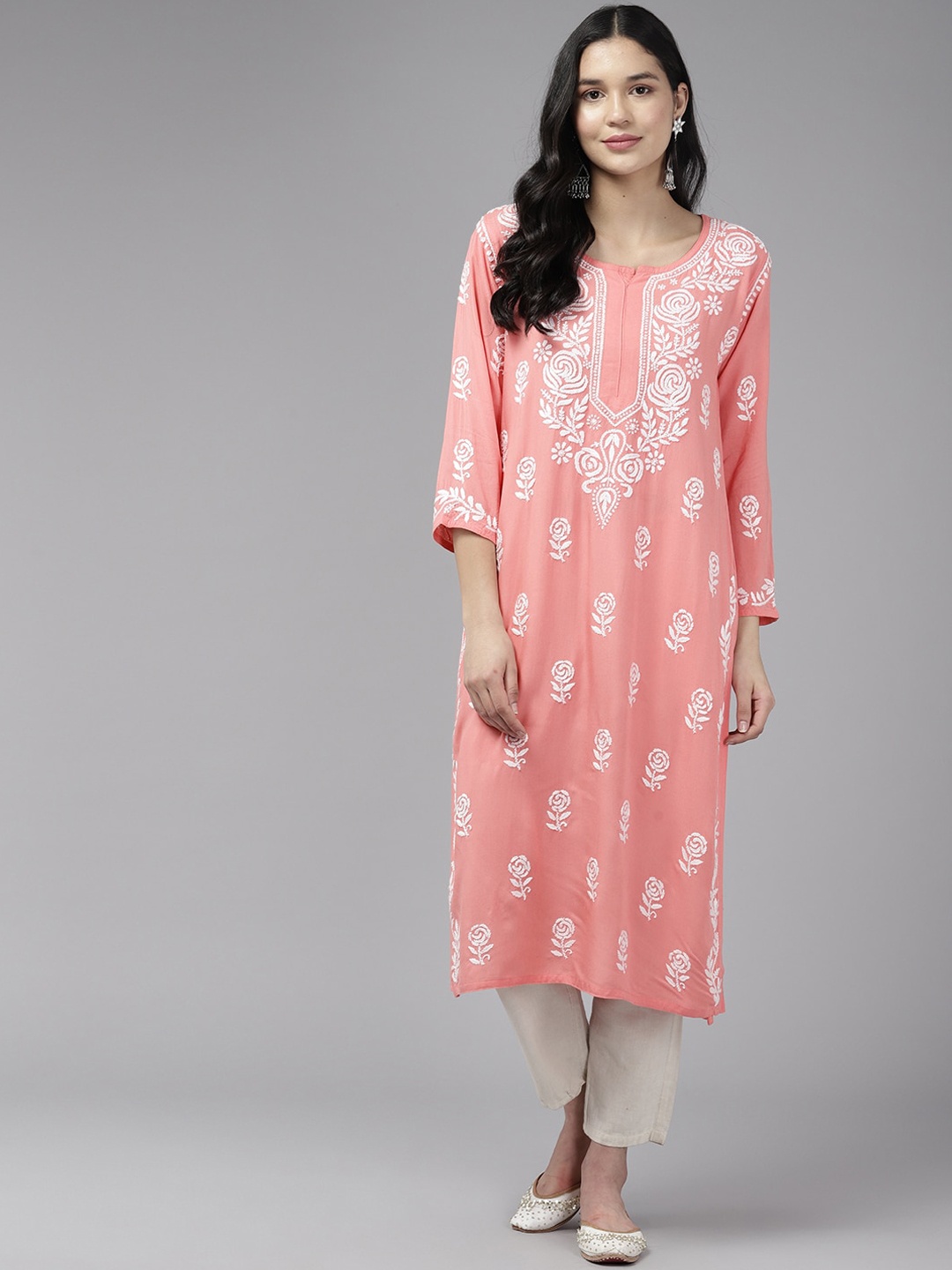 

ADA Ethnic Motifs Lucknow Chikankari Embroidered Straight Kurta, Peach