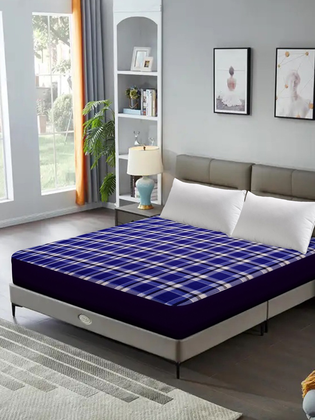 

DREAM CARE Navy Blue & Grey Checked Water Resistant Queen Size Bed Mattress Protector