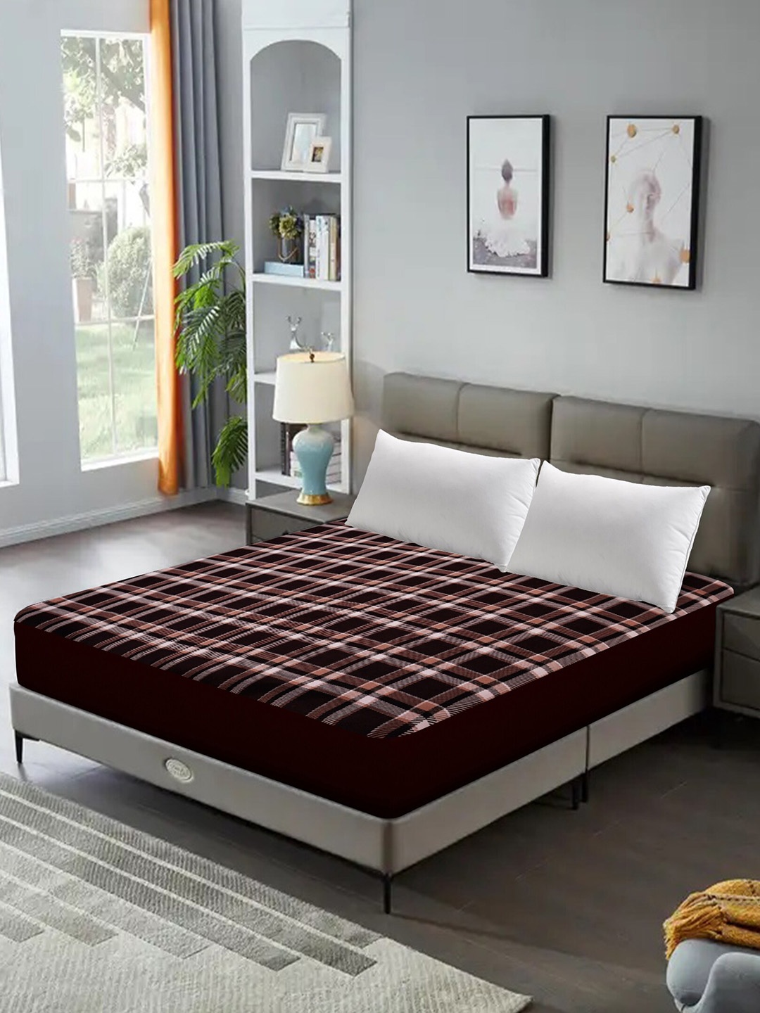 

DREAM CARE Maroon Checked Quilted Water Resistant Breathable Mattress Protector