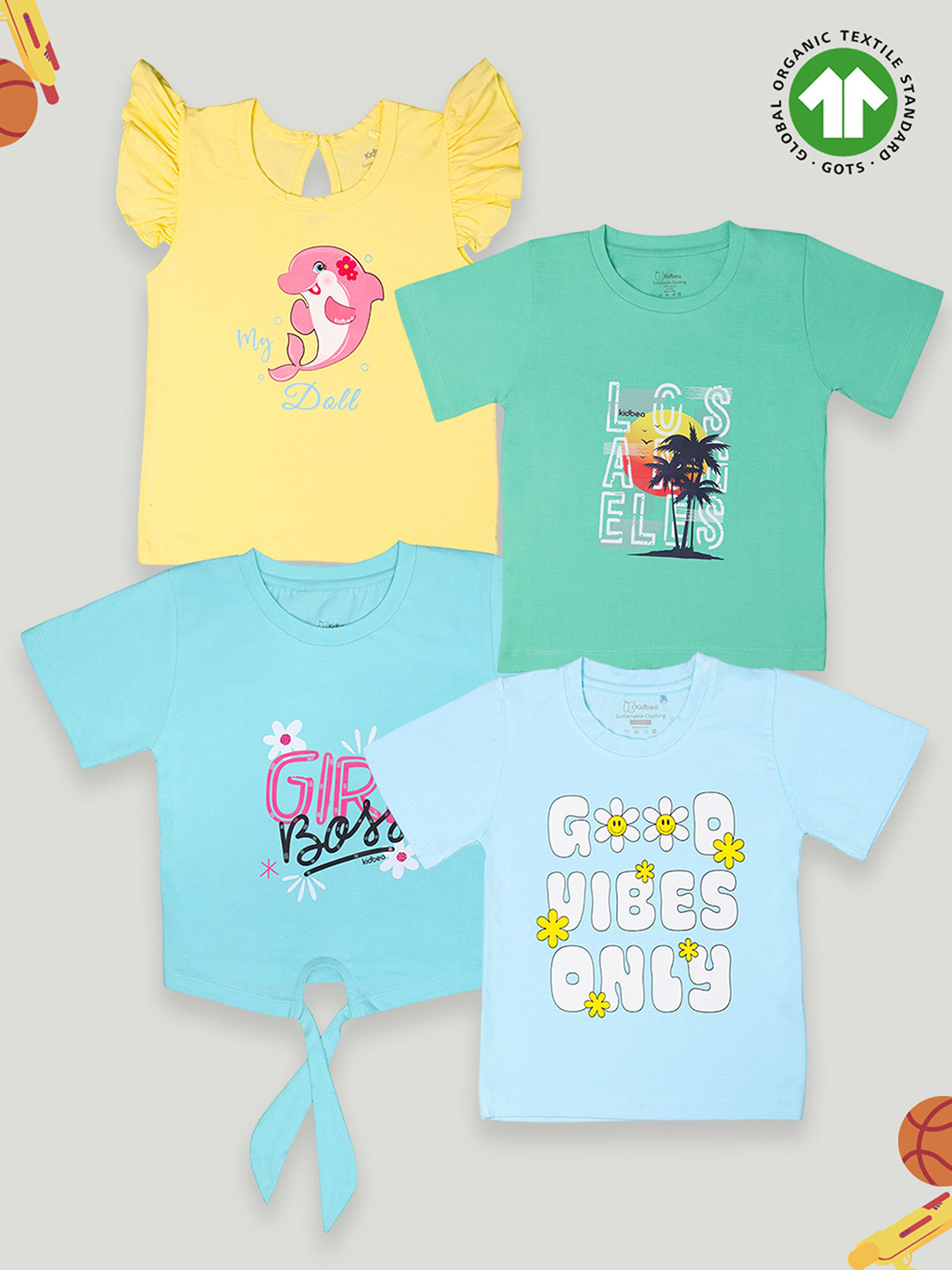 

Kidbea Kids Pack of 4 Typography Printed Cotton T-shirt, Yellow