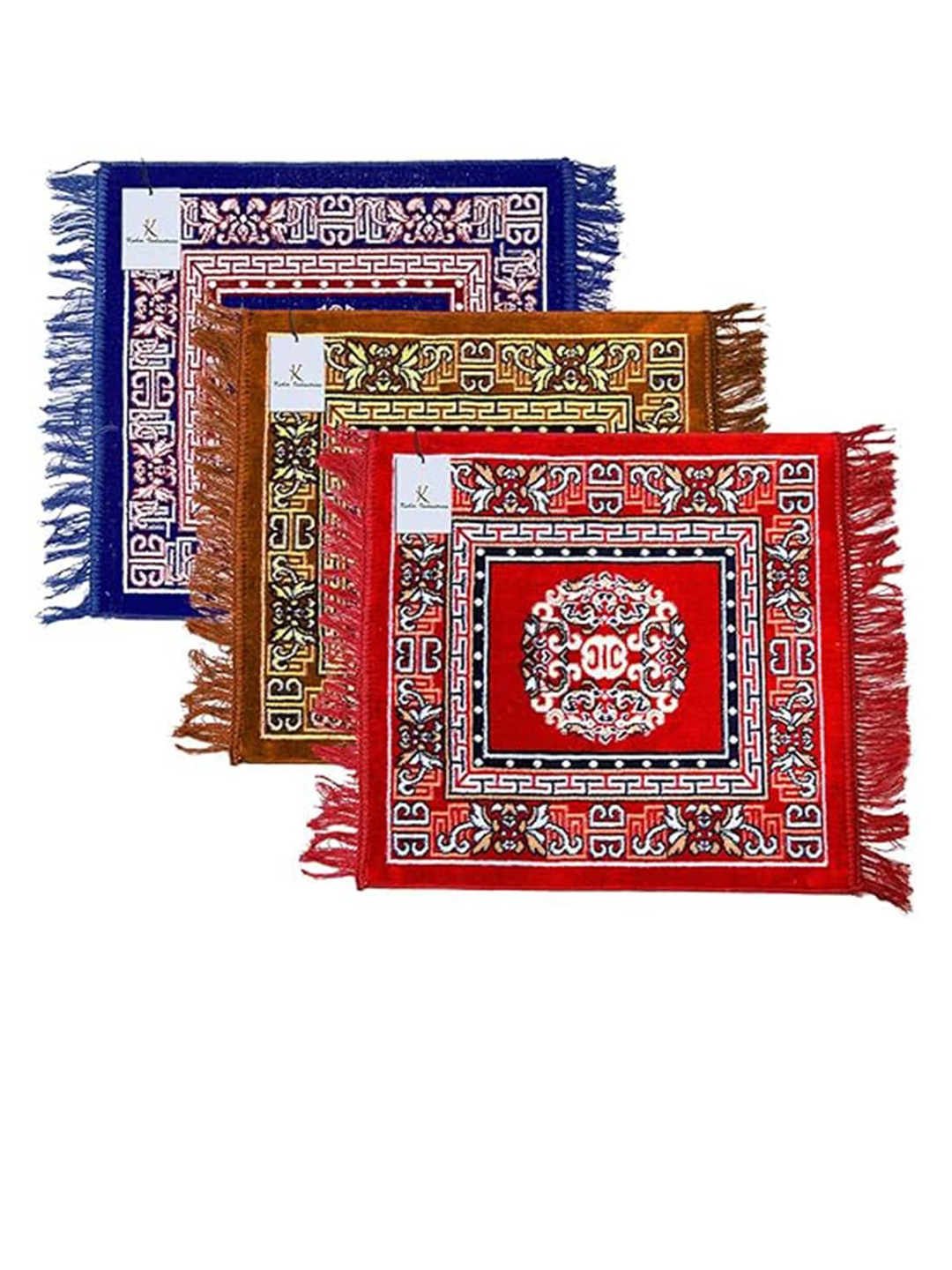 

Kuber Industries Pack of 3 Rangoli Design Velvet Square Pooja Mats, Red