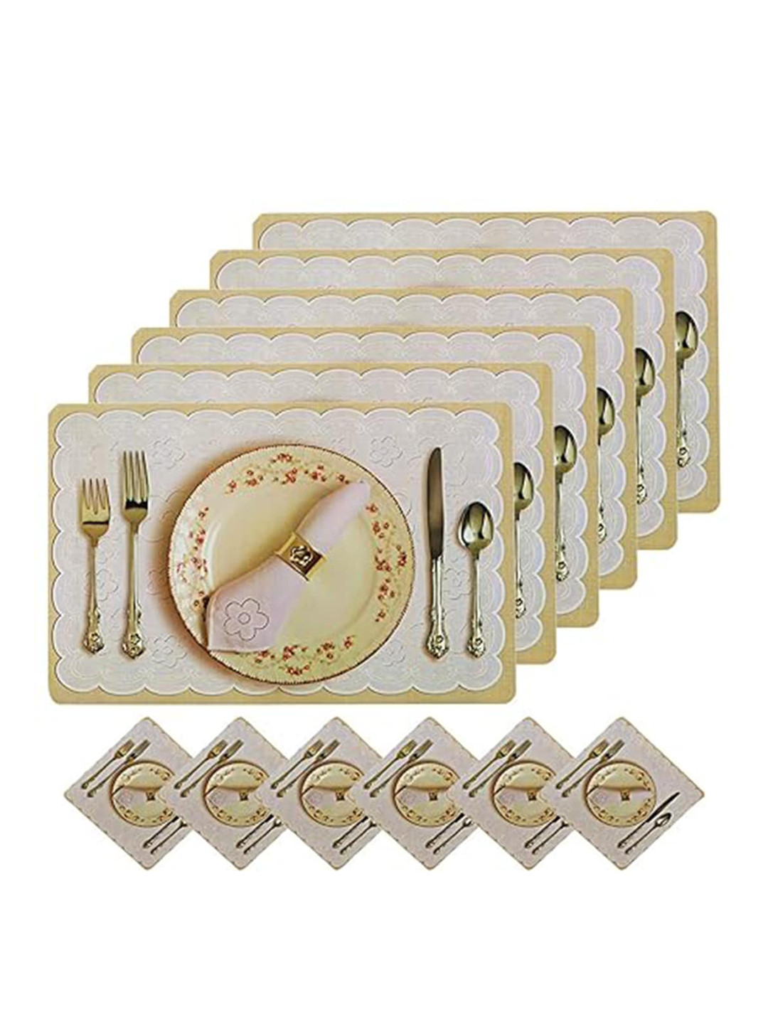 

Kuber Industries Cream & White Set Of 6 Dining Table Placemat Set with Tea Coasters