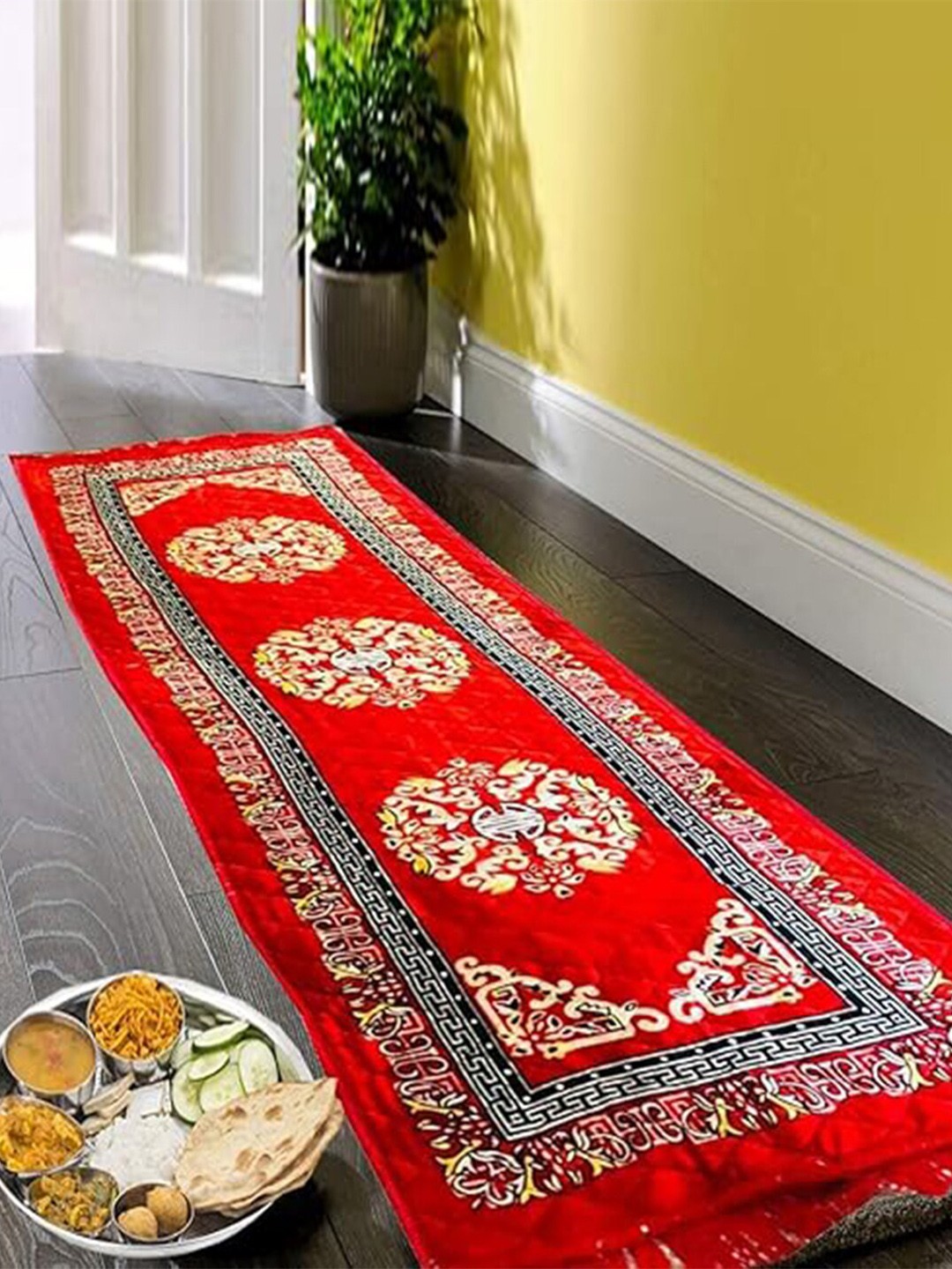 

Kuber Industries Ethnic Print Multipurpose Velvet Floor Mat, Red