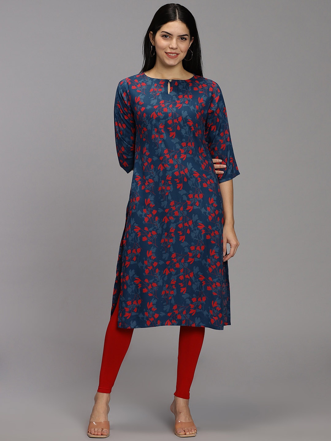

HAY Floral Printed Keyhole Neck Liva Kurta, Navy blue