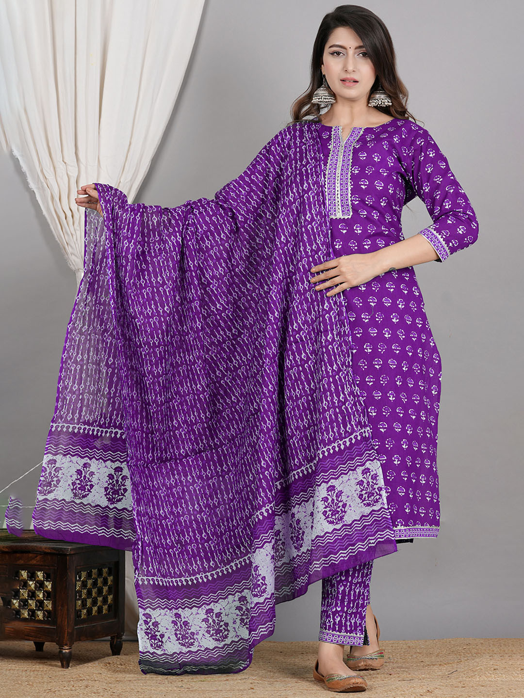 

ZOYOTO Floral Printed Regular Gotta Patti Pure Cotton Kurta With Trousers & Dupatta, Purple