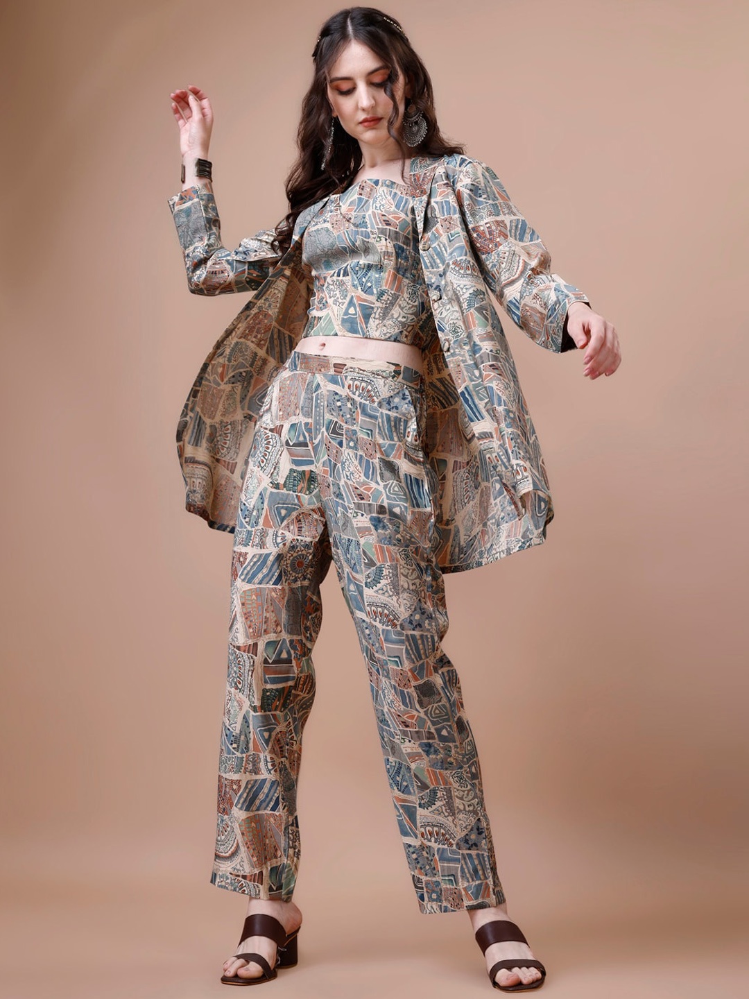 KALINI Printed Crop Top & Shawl-Neck Jacket With Trouser Co-Ords, Brown