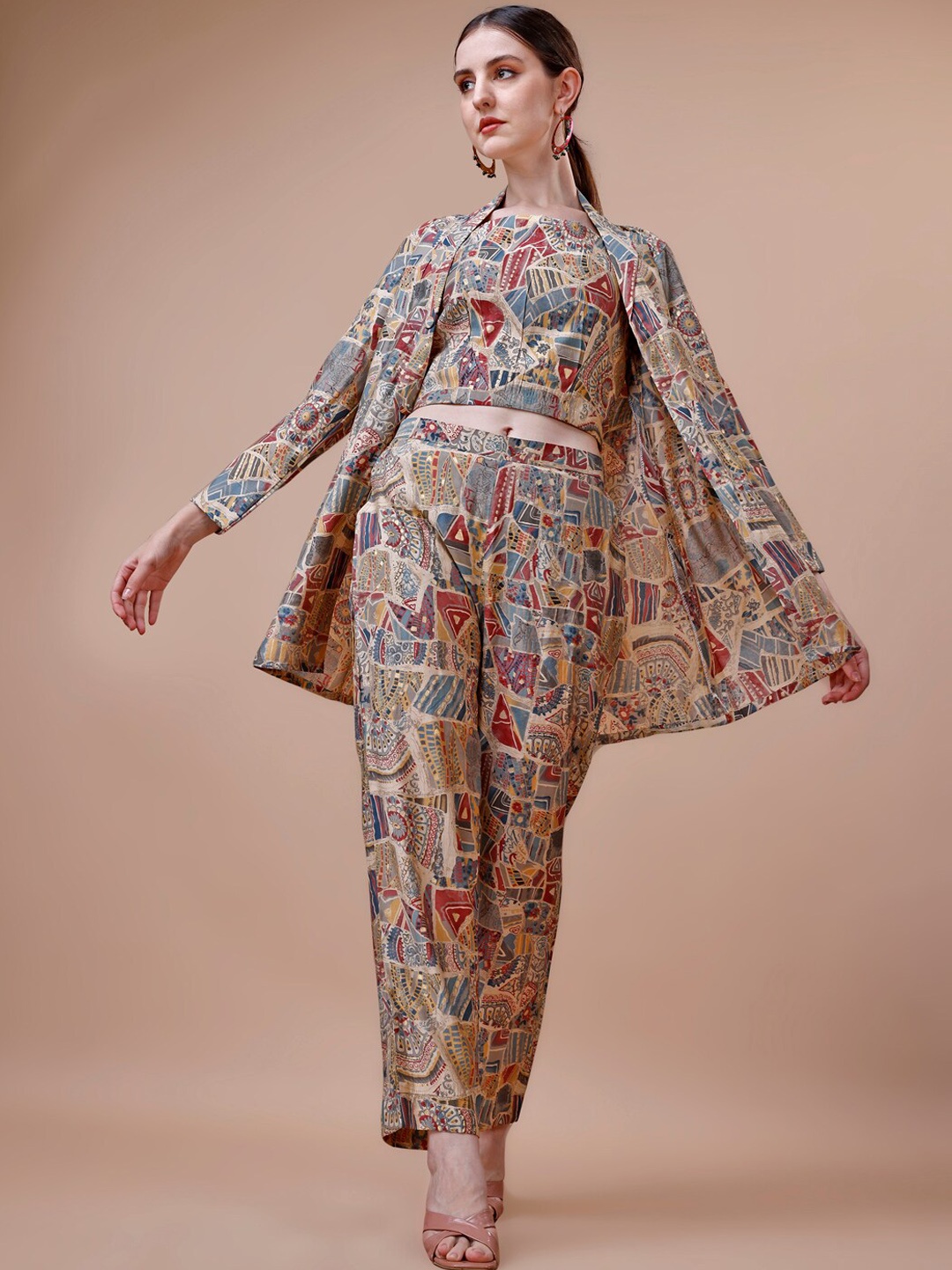 

KALINI Printed Pure Silk Top With Trousers & Jacket Co-Ords, Beige