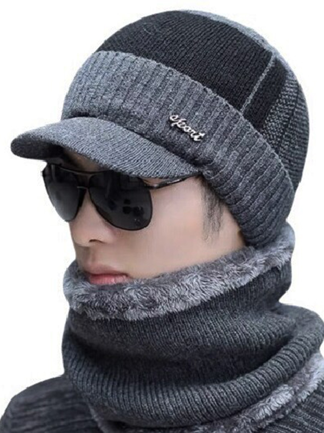 

Alexvyan Men Self Design Acrylic Beanie Cap With Scarf, Grey