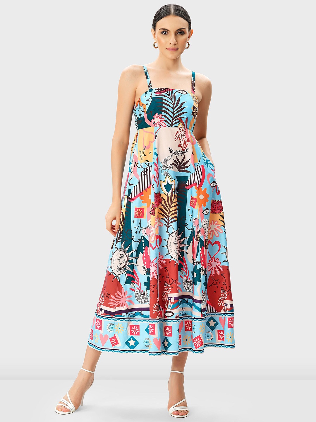

Zapelle Floral Printed Shoulder Straps Cotton Fit & Flare Midi Dress, Blue