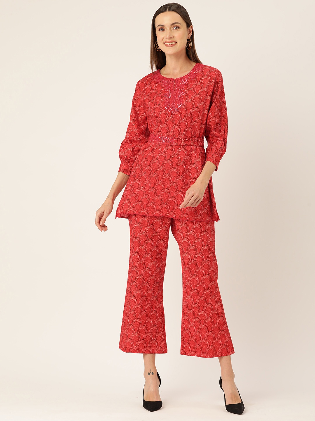 

MISRI Women Floral Printed Cotton Tunic & Trousers with Mirror Work Details, Red