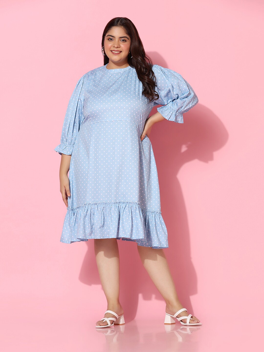 

FASHION DREAM Plus Size Polka Dots Printed A Line Dress, Blue